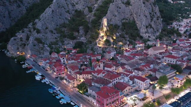  Aerial Sunset Panorama of Omi&scaron;, Croatia: Focusing on the Mirabela Fortress (Peovica)