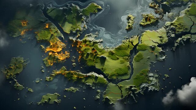 Aerial view of a fantasy world with lush forests, mountains and a fiery city. An epic battle scene, or a world in peril?