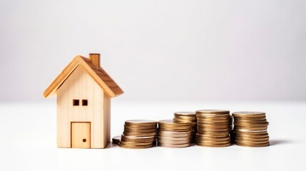 House model and coins on white background, saving money for buy a house concept