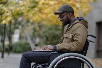 Man in a Wheelchair Using a Laptop in an Autumn Setting