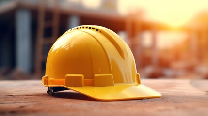Yellow hard hat on the in the construction site background.