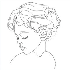 Minimalist line drawing of child, continuous line art, simplicity and elegance, black lines on white background, minimal detail, one continuous stroke, modern and clean design, vector style