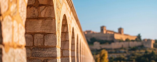 Obraz premium Romanesque architecture, rounded arches, close up, medieval heritage, dynamic, silhouette, castle backdrop