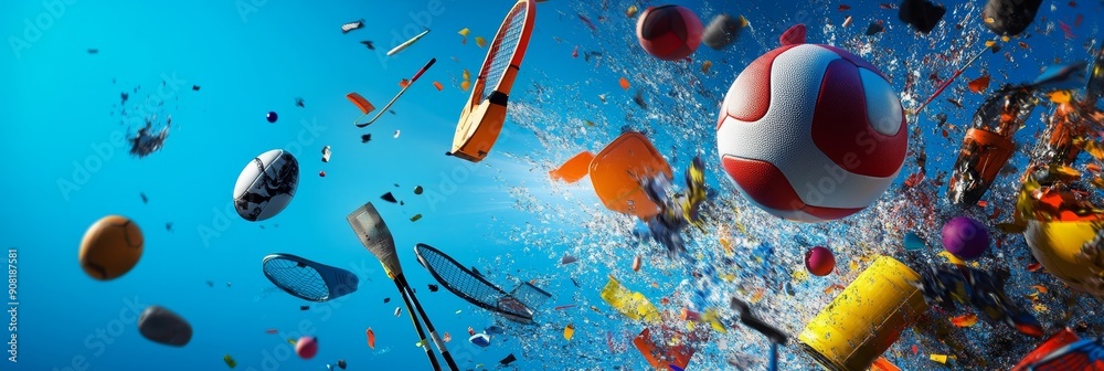 Sticker Sports Equipment Explosion: A Colorful Burst of Athletic Passion - A vibrant explosion of sports equipment, symbolizing energy, competition, teamwork, fitness, and the joy of movement.