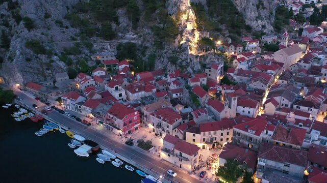 Sunset Aerial View of Omi&scaron;, Croatia: Showcasing the Historic Mirabela Fortress