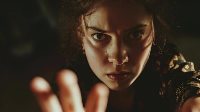 A young Caucasian woman with dark hair appears intensely focused, reaching out with determination. The low light and her focused gaze create a dramatic, suspenseful mood, suggesting a tense moment.
