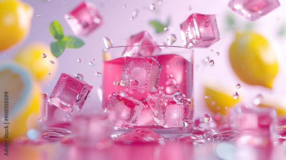 Wall mural pink liquid in a glass surrounded by lemons and ice cubes on a pink surface with water splashing