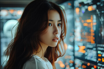 Young Asian Female Uses Artificial Intelligence in System Control Monitoring Center.