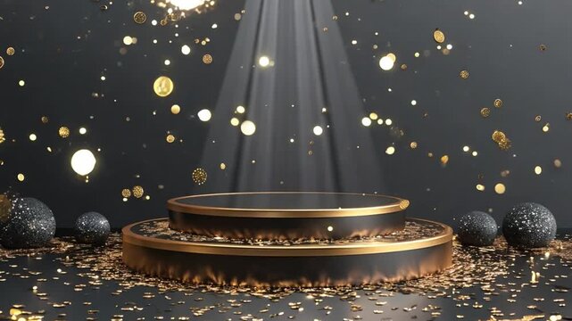 Round Podium in Rays of Light on Black Background