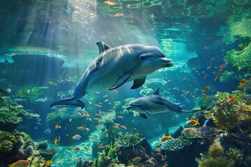Fototapeta premium Two Dolphins Swimming Through a Coral Reef with Fish