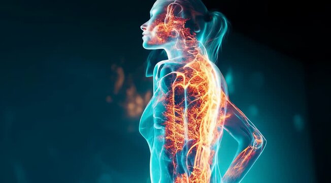 Digital illustration of a human body showing the skeletal structure with highlighted areas of pain or inflammation along the spine and hip, set against a dark background.