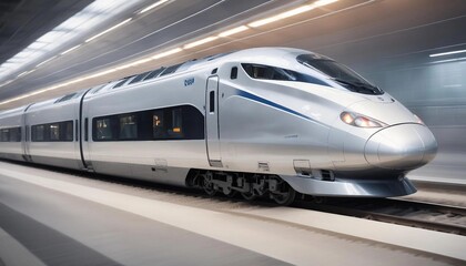 Naklejka premium A high-speed train captured with panning technique, the train sharply in focus as it races through a blurred landscape, highlighting the sense of motion and speed. 