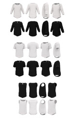 Black and white baby bodysuits with short and long sleeves. Front, side, back view. 3D illustration.