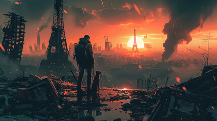 Man and Dog in Post-Apocalyptic City Ruins at Sunset, Digital Art, Illustration Painting Depicting Survival and Desolation in Urban Landscape with Industrial Debris and Dramatic Sky Mood