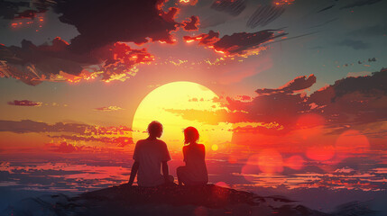 Romantic Silhouette of Young Couple on Rock at Sunset, Digital Art, Peaceful Evening, Contemplative Moment, Love and Tranquility in Nature