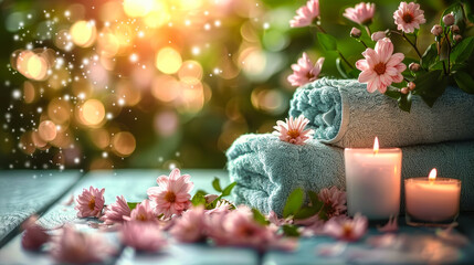 Luxurious Spa Setting with Rolled Towels, Aromatic Candles and Fresh Flowers for Relaxation and Wellness Therapy in a Serene Atmosphere