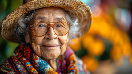 Fototapeta premium Lively Senior Community Gathering: Joyful Woman in Colorful Attire Enjoying Autumn Fair with Warm Atmosphere and Cultural Vibrancy