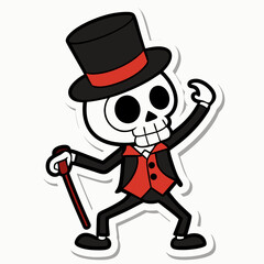 A skeleton dancing with a top hat and cane