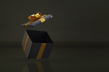 Open gift box with golden bow on a black background with copy space. 3d illustration.