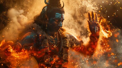 Fototapeta premium Load shiva dancing in fire agracvely in cinematic style , cinematic lighting 