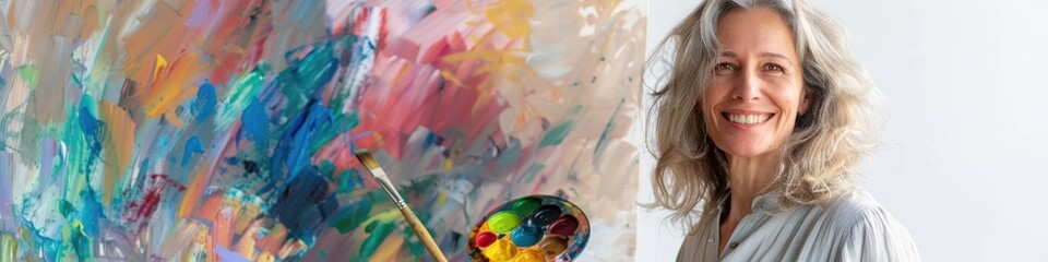 Fototapeta premium Happy middle aged woman holding a paintbrush and palette with bright paints next to a blank canvas