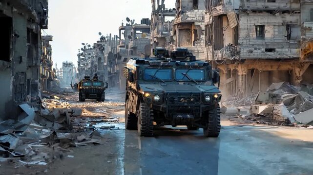 A military machine moves along the road of the destroyed city