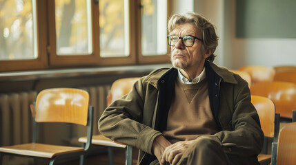 Fototapeta premium An emotionally exhausted male teacher in the classroom. Midlife crisis.