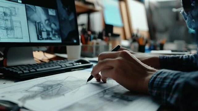 A man in a checkered shirt meticulously draws architectural blueprints at a wooden desk, illuminated by natural light. His computer screen displays digital diagrams, enhancing his precise work.
