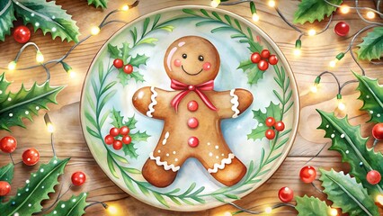 Obraz premium A Gingerbread Man's Festive Journey: A Whimsical Watercolor Illustration of a Gingerbread Man on a Plate Adorned with Generative AI