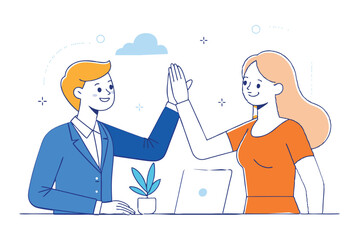 Businesswoman giving a high five to a colleague in meeting, One continuous single line hand drawing line art
