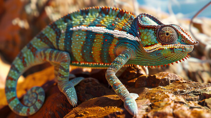 Fototapeta premium Dynamic Camouflage: The Shifting Hues of a Chameleon's Skin