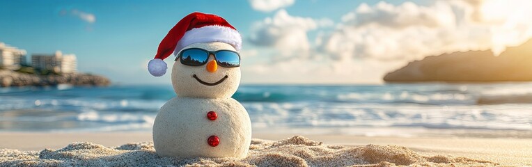 Holiday Snowman Made of Sand on Sunny Beach