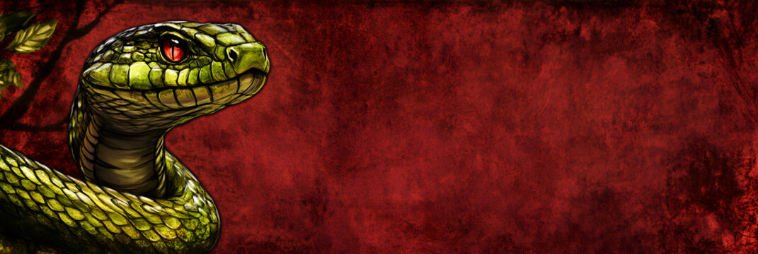 A yellow and green snake on a New Year's background. Symbol of New Year 2025. Christmas background.