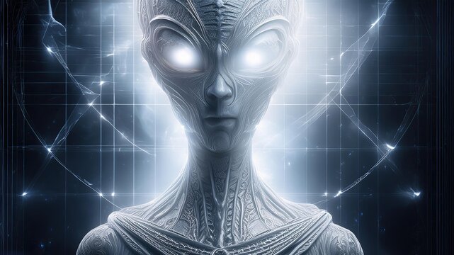 Mystical Alien Creature Surrounded by White Light in a Cosmic Realm