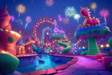 Obraz premium A Whimsical Amusement Park at Night with Fireworks