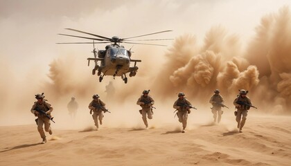 A group of soldiers positioned on a desert hill struggles against harsh winds and flying sand as a military helicopter approaches, its rotors churning up the sand and creating a powerful downdraft.


