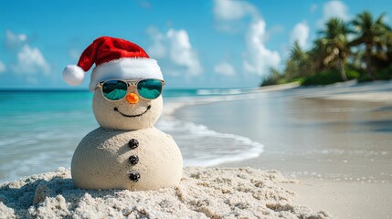 Holiday Snowman Made of Sand on Sunny Beach