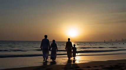 Family Beach Sunset Silhouette, Ocean Waves, Golden Hour