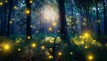 An enchanted grove where fireflies emit electric pulses, creating a mesmerizing dance of light among the trees.
