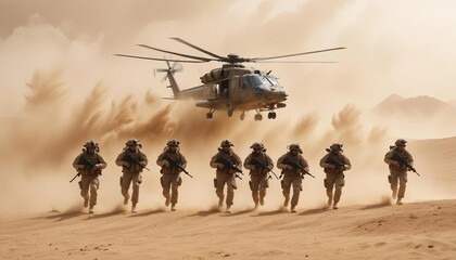 A group of soldiers positioned on a desert hill struggles against harsh winds and flying sand as a military helicopter approaches, its rotors churning up the sand and creating a powerful downdraft.


