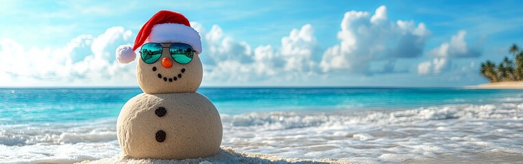 Holiday Snowman Made of Sand on Sunny Beach