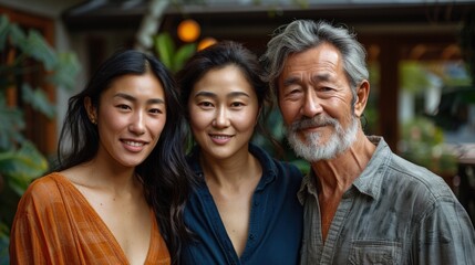 Fototapeta premium Hyper-realistic portrait of a varied-ethnicity family across generations, each member displaying true and happy smiles, with a background that reflects their rich cultural heritage and close family
