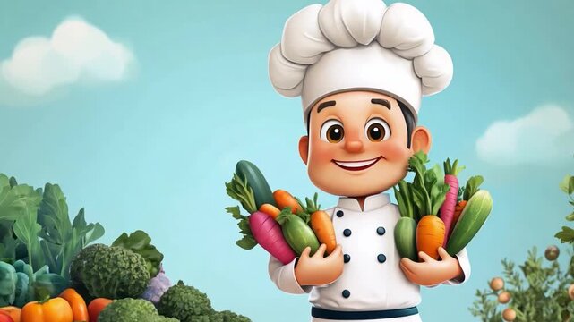 Cartoon chef with vegetables in his hands