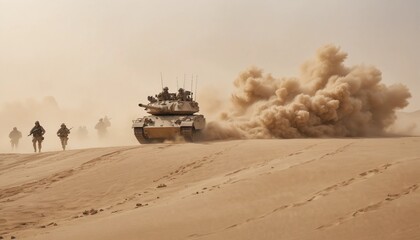Fototapeta premium A group of soldiers on a desert hill and a military tank approaching them, during a sandstorm