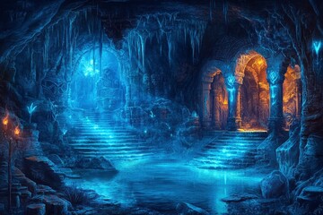 Fototapeta premium An Enchanting Frozen Cave with Glowing Pillars and a Mystical Pool