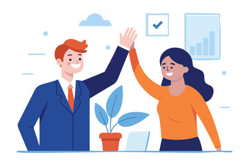 Businesswoman giving a high five to a colleague in meeting, One continuous single line hand drawing line art