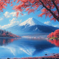 Peaceful Autumn Morning at Lake with Mountain Backdrop