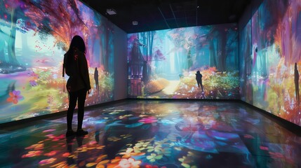Obraz premium A Woman Stands in a Room Projected With Images of a Dreamlike Forest