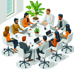 a group of people sitting around a table with laptops

