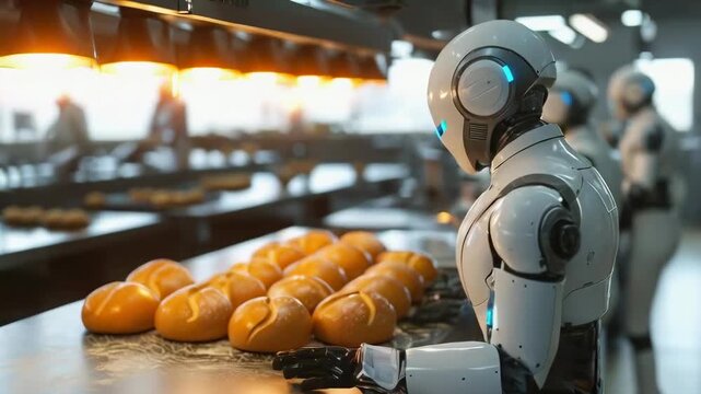 Robots, in a futuristic bakery, bake bread on an assembly line. The automated machines precisely handle the loaves, ensuring consistency. The scene is illuminated by bright, warm lights, reflecting a